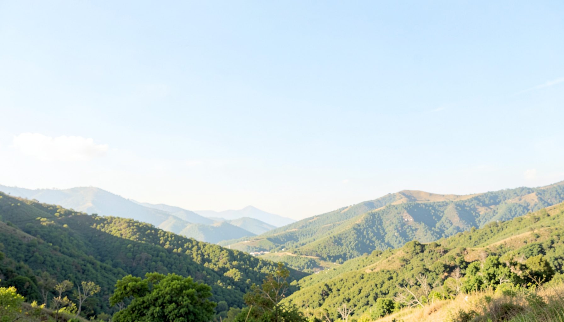 Paesaggio luminoso e arioso con colline verdeggianti sotto un cielo azzurro sereno, toni caldi e naturali